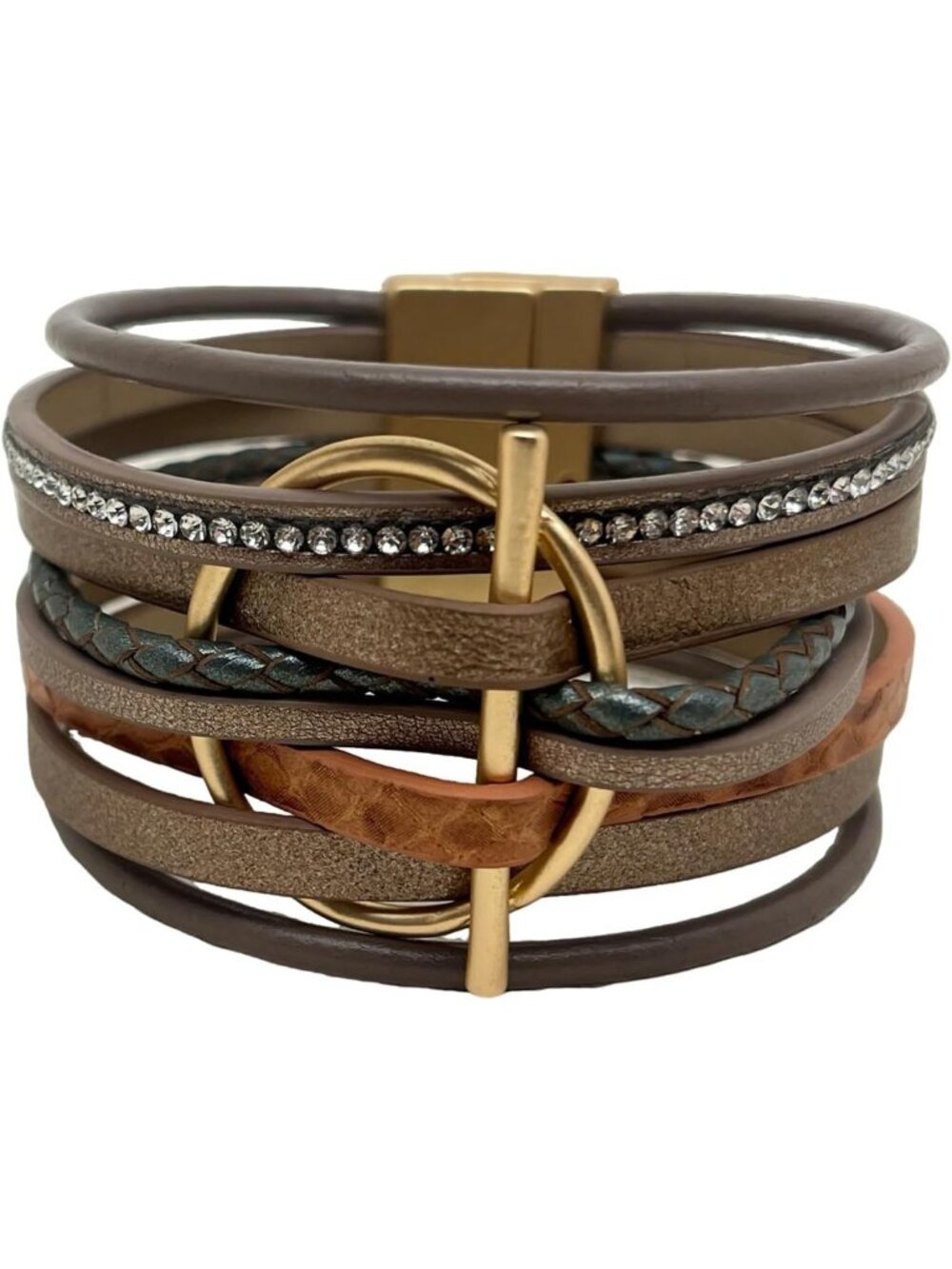 Handmade Leather Wrap Bracelet for Women - Layered Cuff with Gold Circle & Multi